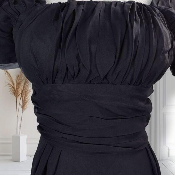 Vintage 50s Silk Midi Cocktail Dress Size 4 Black Ruched Empire Waist Bombshell - Picture 3 of 16